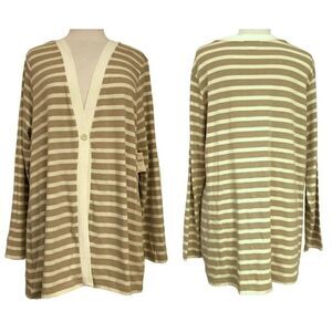 Coldwater Creek Pima Knit Striped Cardigan XL 16 Tan & White Long Sleeves NEW